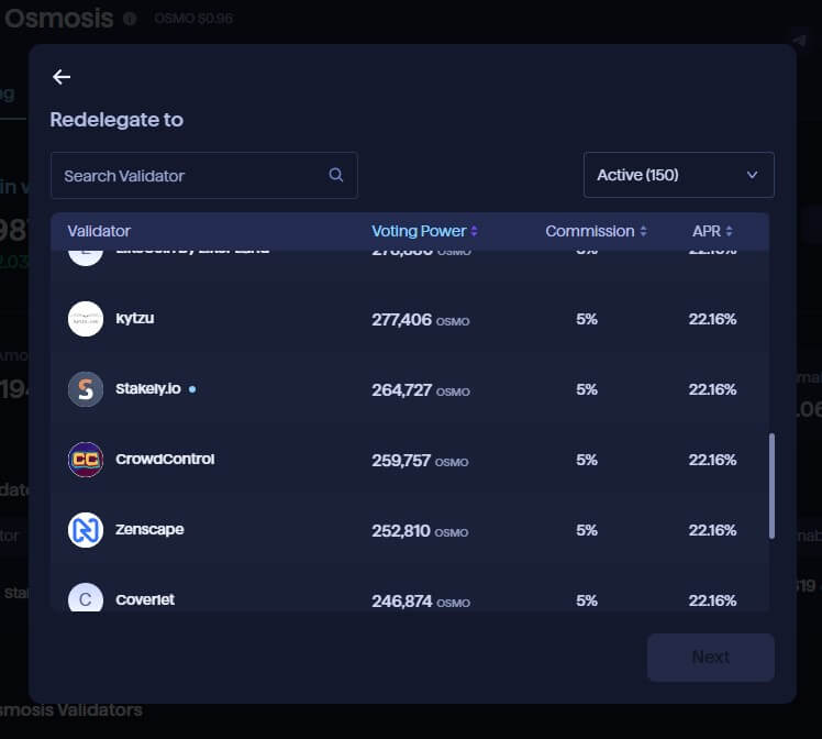 Validator redelegate option on Keplr