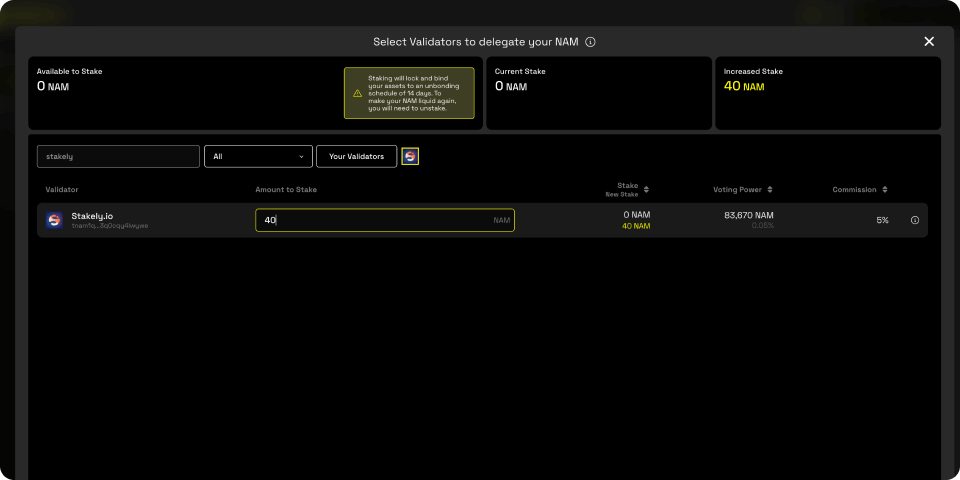 Step 9: Specify the amount of NAM tokens you want to delegate