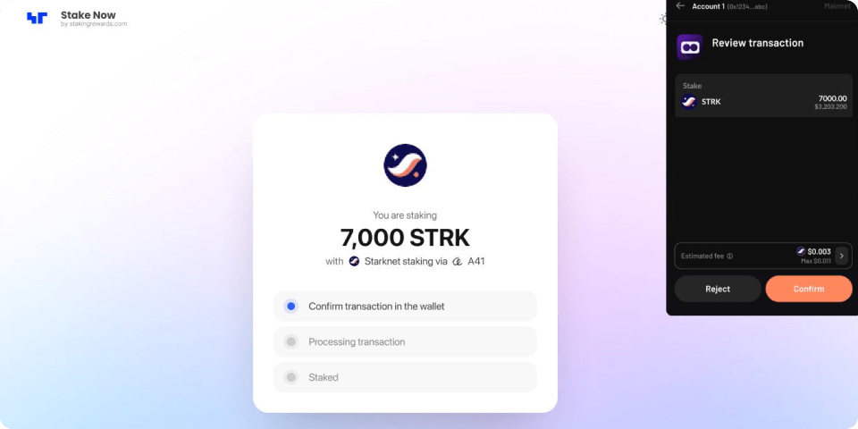 Paso 4 del tutorial de Starknet para hacer staking de  con Argent