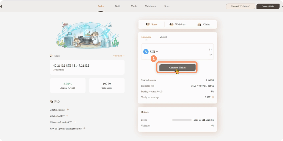 Step 1 of the Sui tutorial for staking using Sui Wallet on Haedal