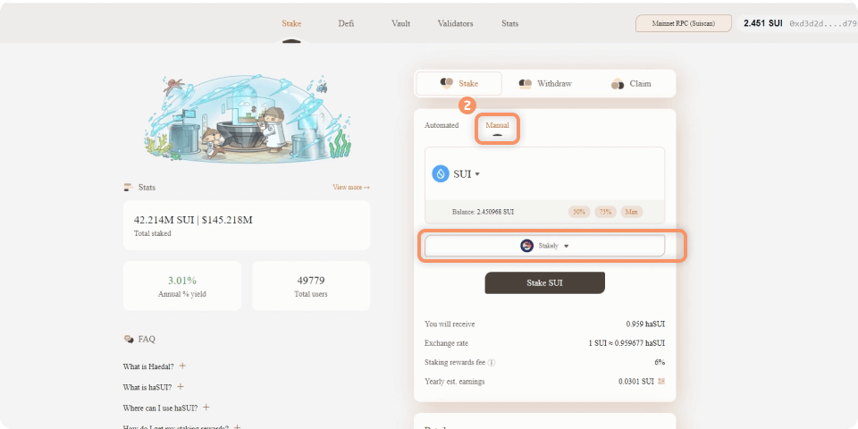 Step 2 of the Sui tutorial for staking using Sui Wallet on Haedal