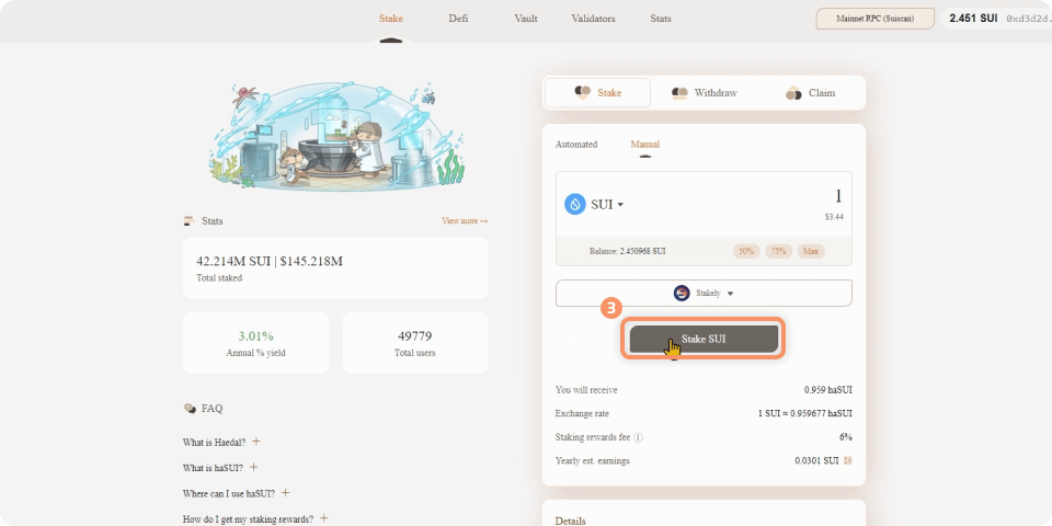 Step 3 of the Sui tutorial for staking using Sui Wallet on Haedal