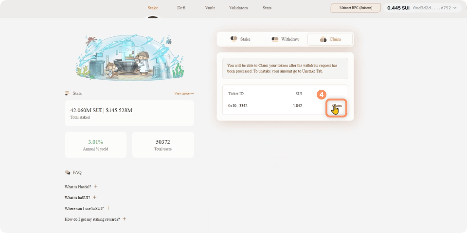 Step 4 of the Sui tutorial for staking using Sui Wallet on Haedal