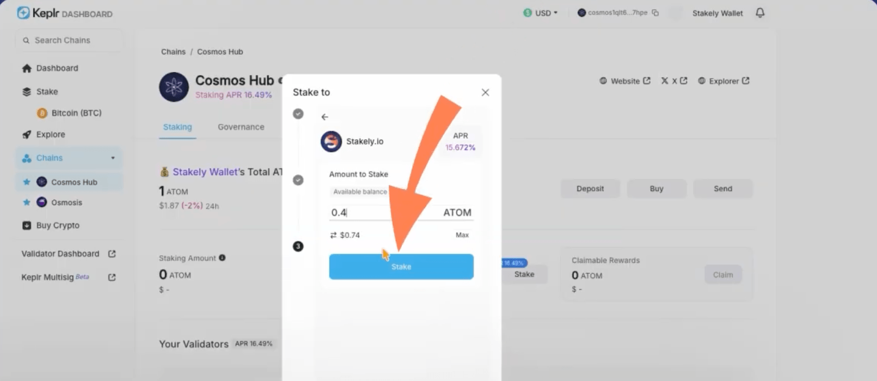 Paso 3 del tutorial de Cosmos Hub para hacer staking de  con Keplr