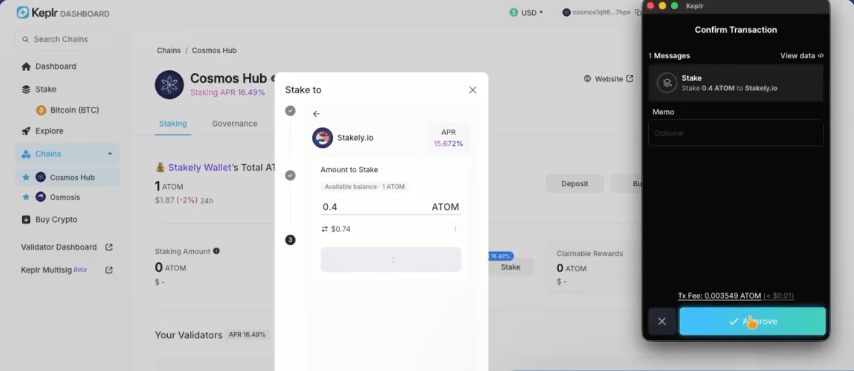 Paso 4 del tutorial de Cosmos Hub para hacer staking de  con Keplr