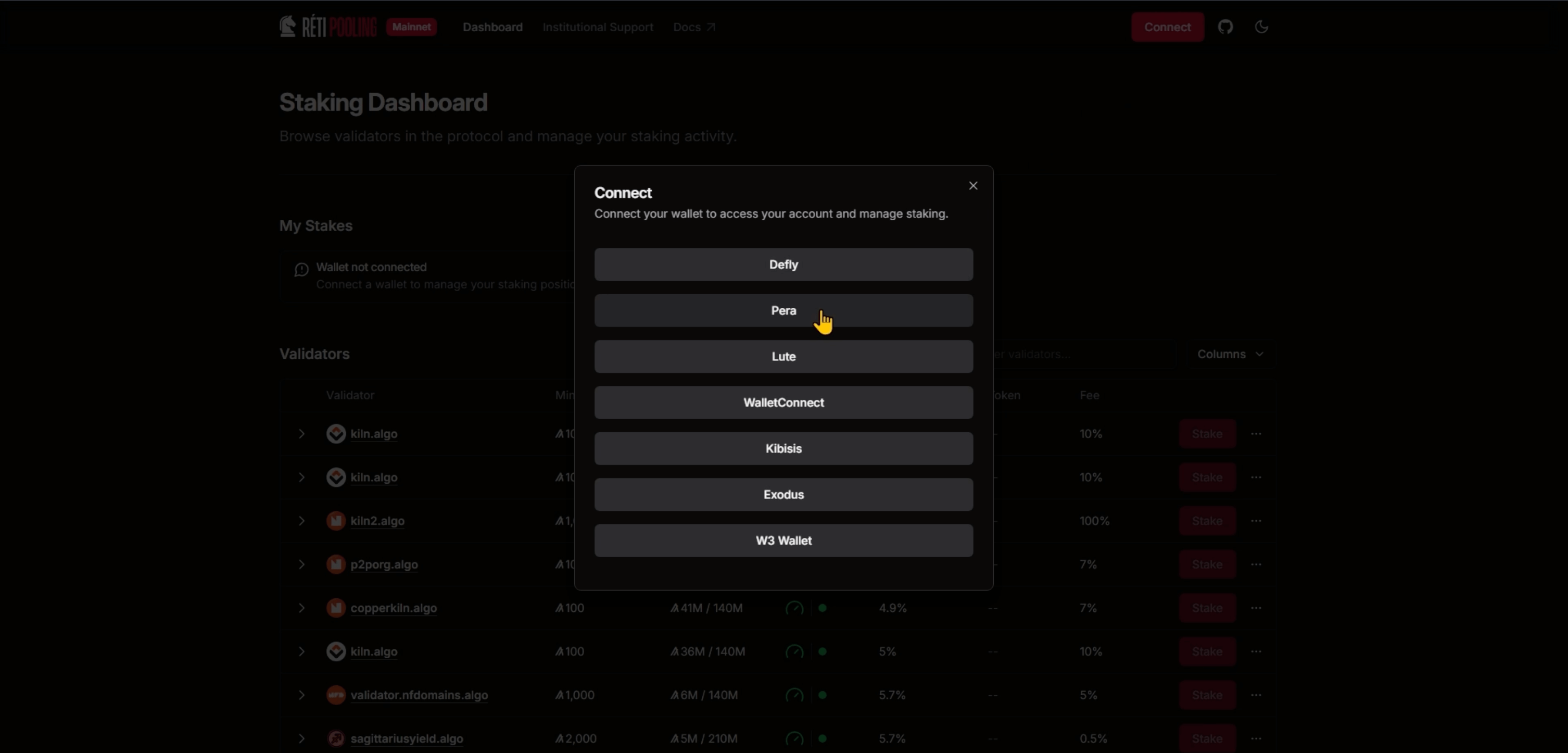Paso 2 del tutorial de Algorand para hacer staking de  con Pera