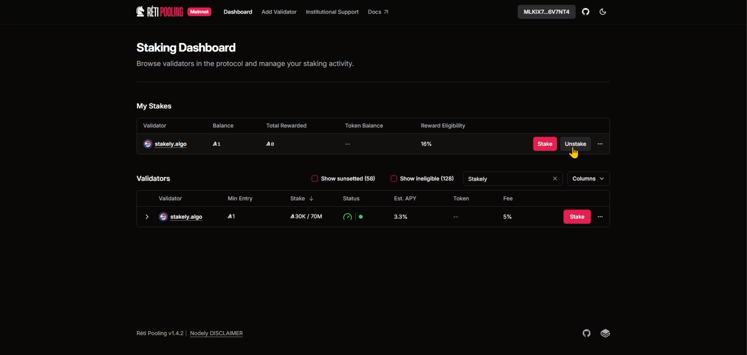 Paso 4 del tutorial de Algorand para hacer staking de  con Pera