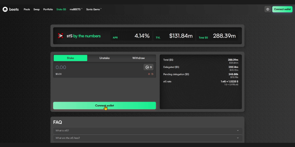 Step 1 of the Sonic tutorial for staking  using Rabby on Beets