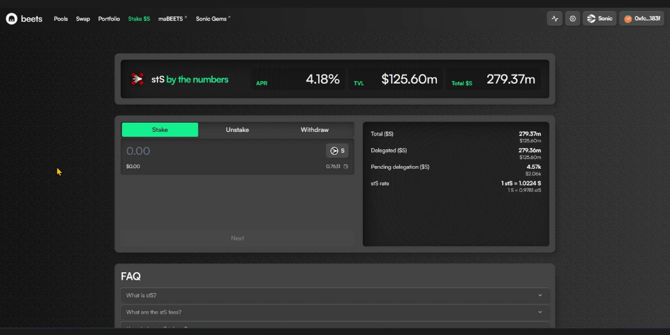 Step 2 of the Sonic tutorial for staking  using Rabby on Beets