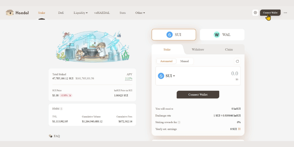 Étape 1 du tutoriel de Walrus pour le staking de avec Phantom sur Haedal