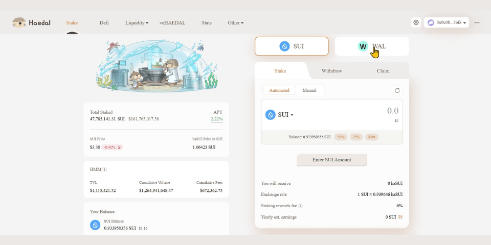 Étape 2 du tutoriel de Walrus pour le staking de avec Phantom sur Haedal