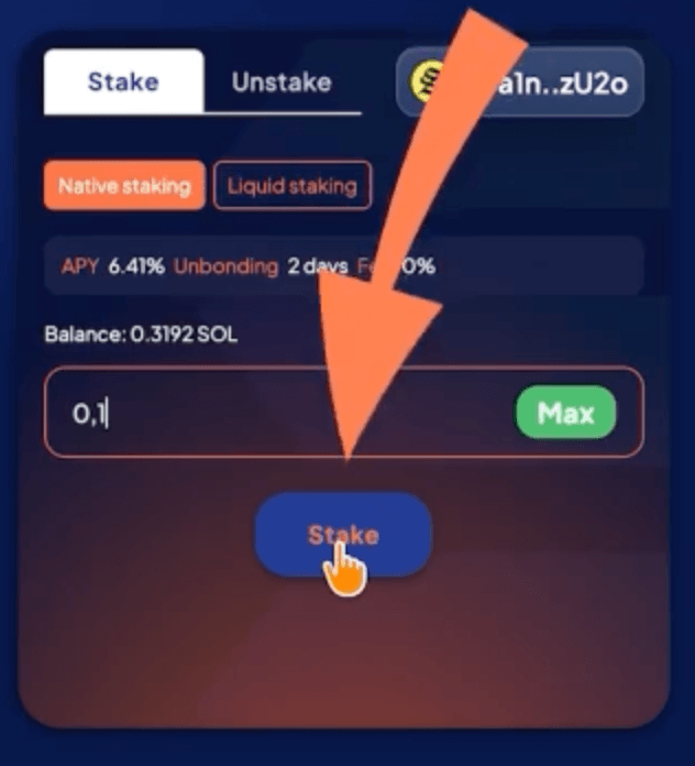 Étape 3 du tutoriel de Solana pour le staking de  avec Solflare