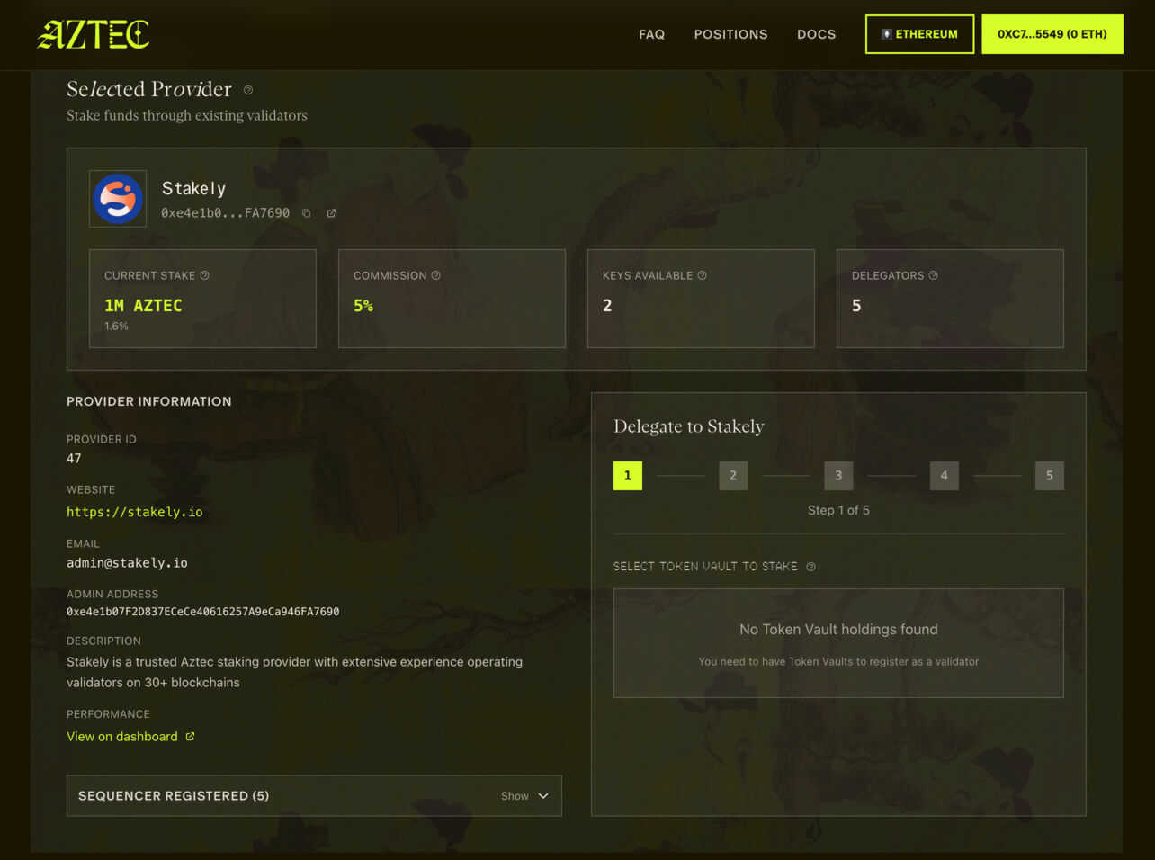 Paso 1 del tutorial de Aztec para hacer staking de  con MetaMask