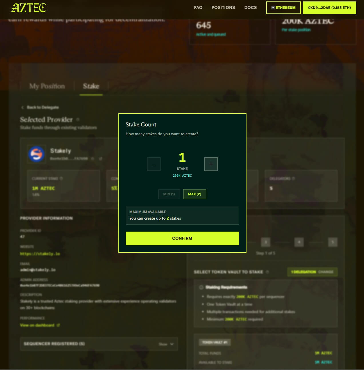 Paso 2 del tutorial de Aztec para hacer staking de  con MetaMask