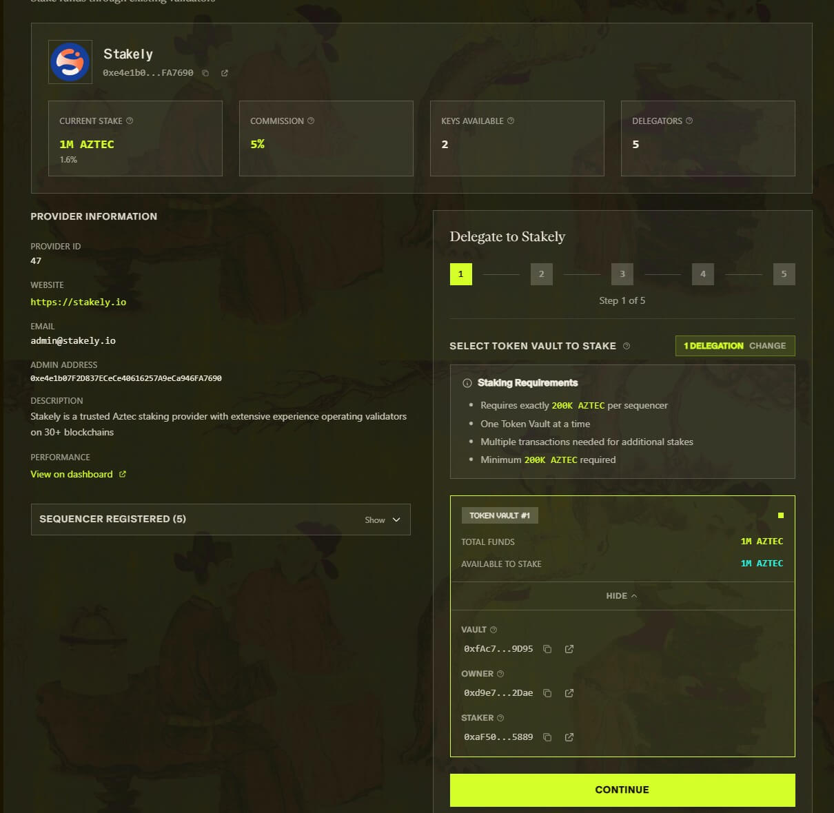 Paso 3 del tutorial de Aztec para hacer staking de  con MetaMask