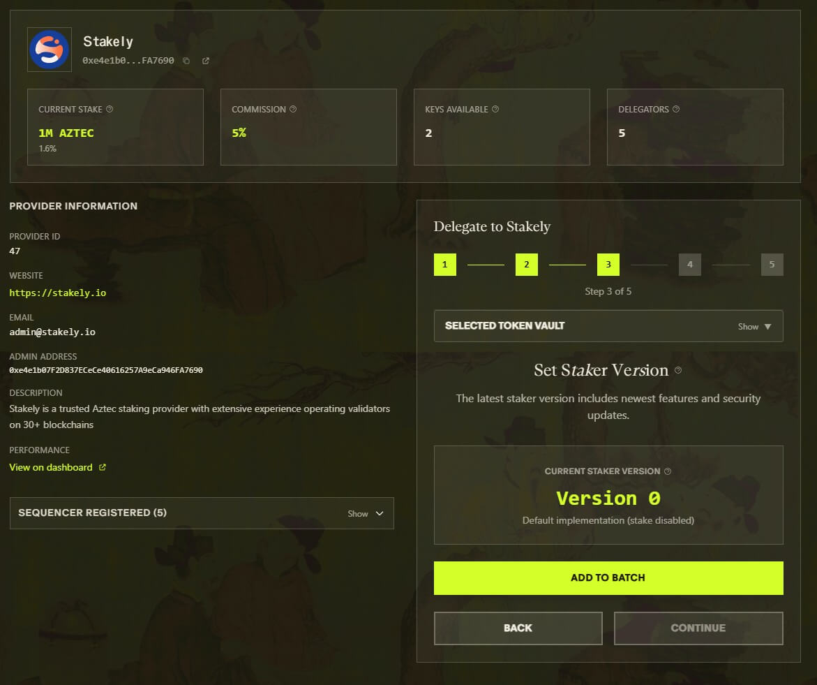 Paso 5 del tutorial de Aztec para hacer staking de  con MetaMask