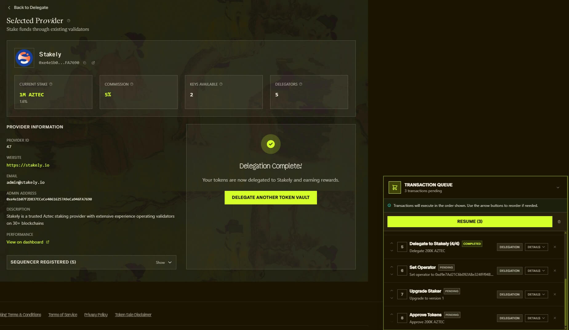 Paso 7 del tutorial de Aztec para hacer staking de  con MetaMask