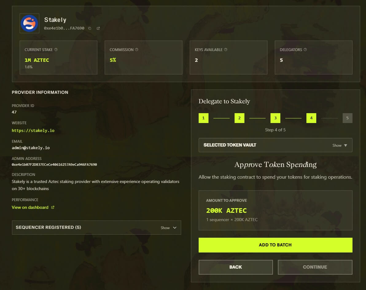 Paso 6 del tutorial de Aztec para hacer staking de  con MetaMask