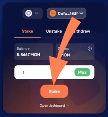 Step 3 of the Monad tutorial for staking  using Rabby