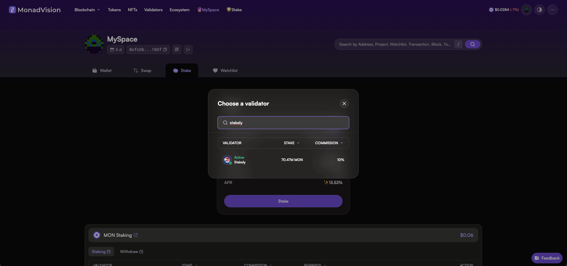 Paso 3 del tutorial de Monad para hacer staking de  con Rabby