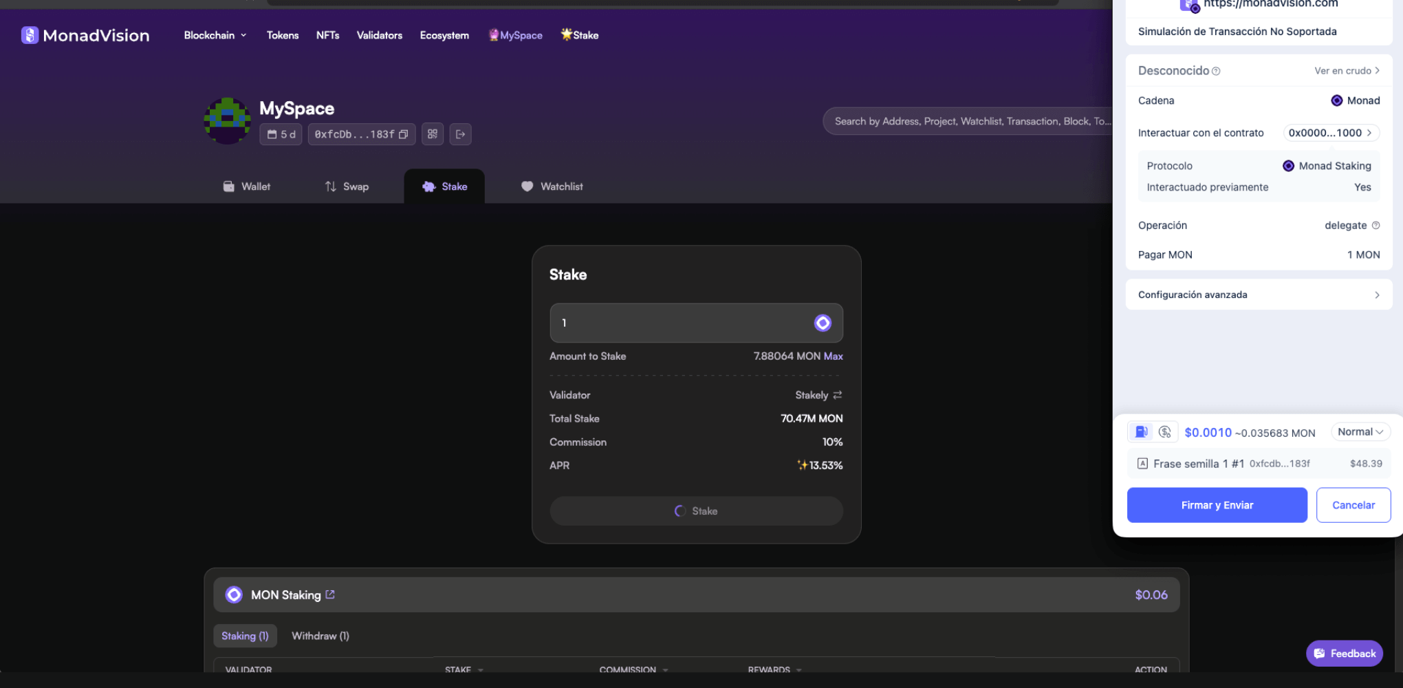 Paso 4 del tutorial de Monad para hacer staking de  con Rabby
