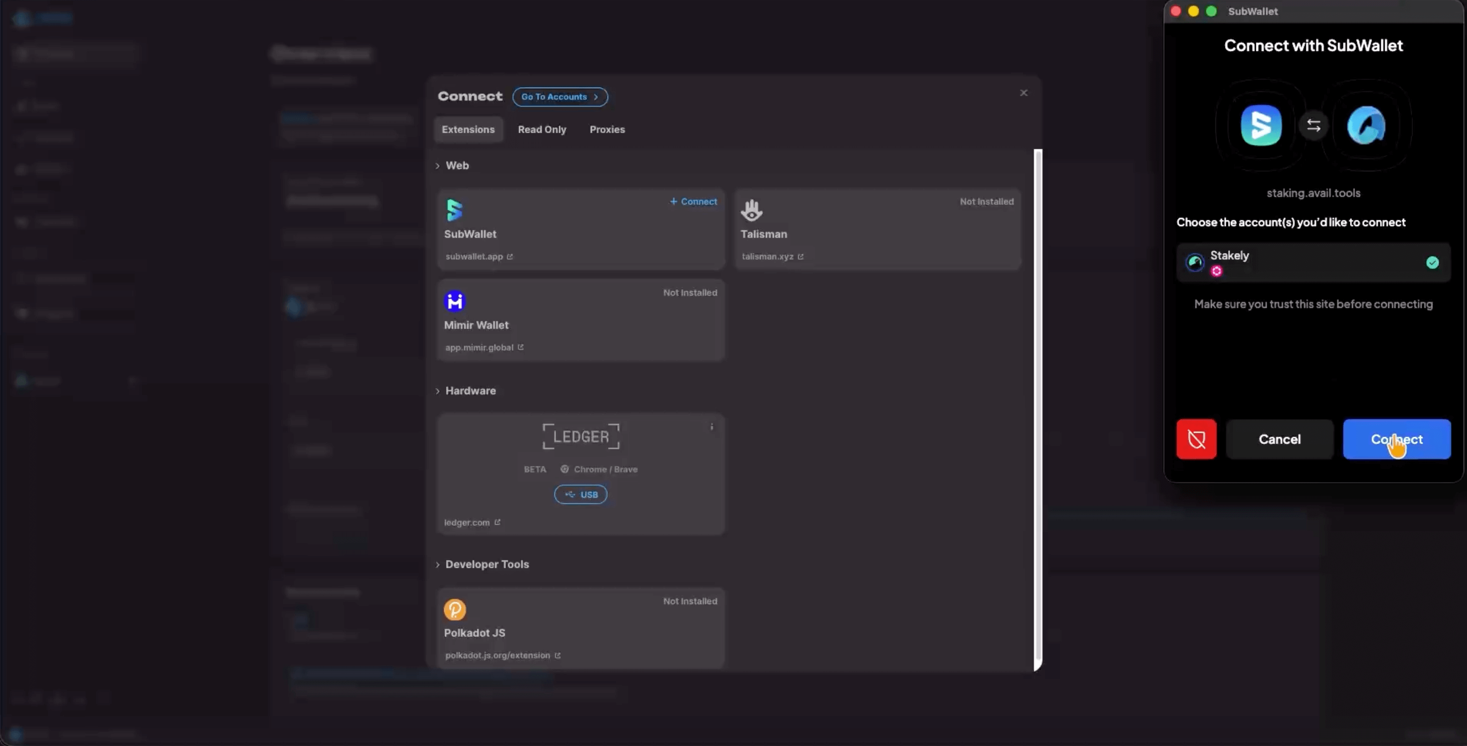 Step 2 of the Avail tutorial for staking using SubWallet