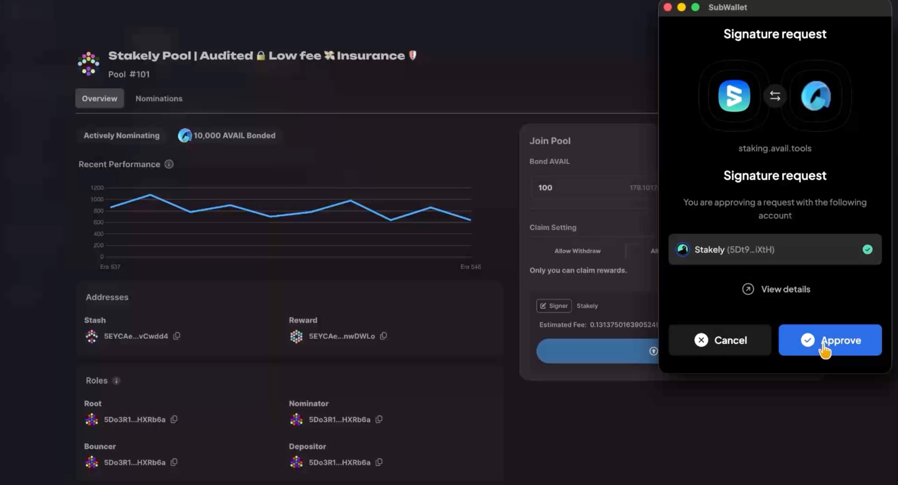 Step 4 of the Avail tutorial for staking using SubWallet