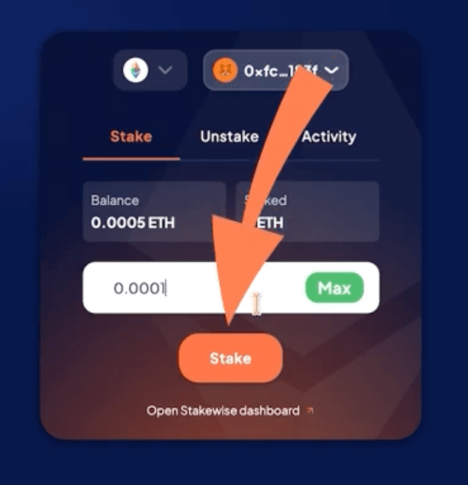 Paso 3 del tutorial de Ethereum para hacer staking de  con Rabby en StakeWise