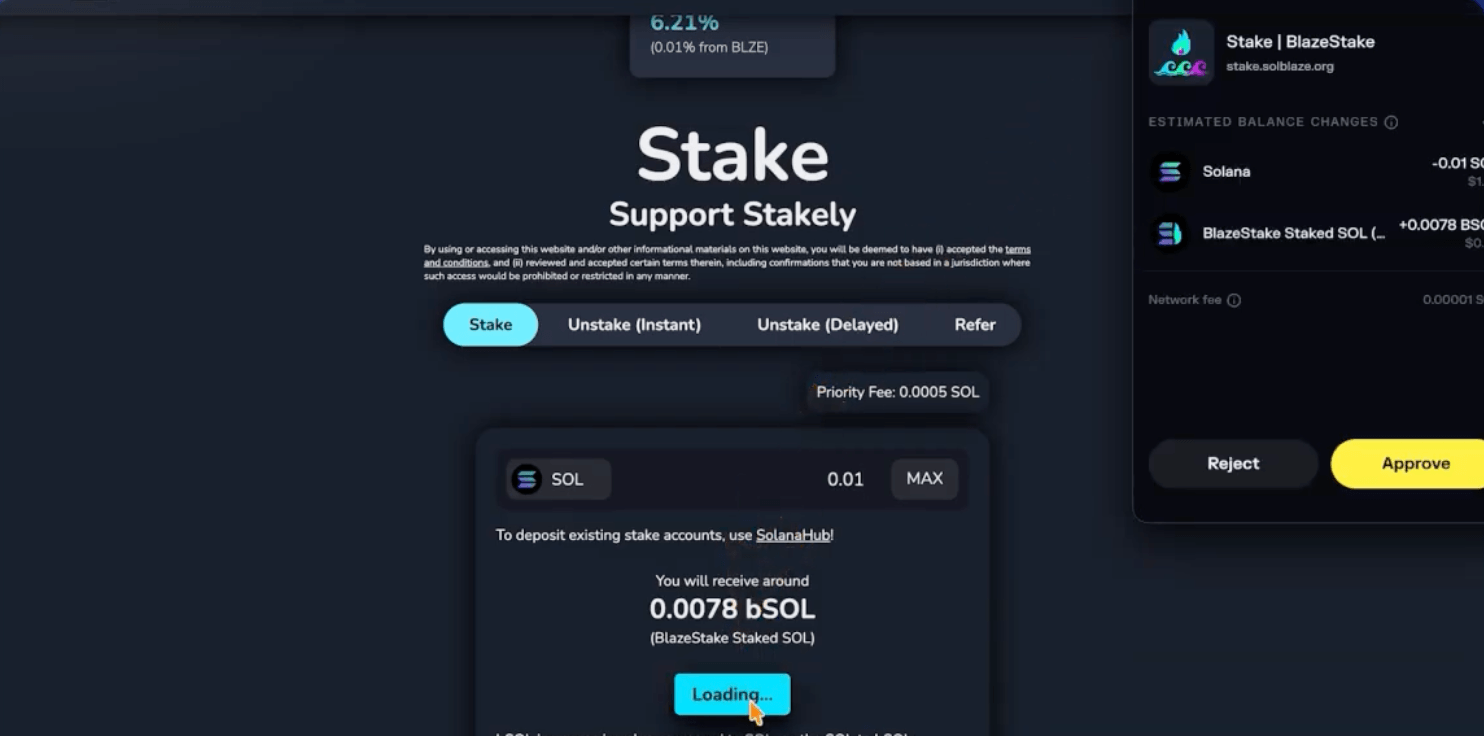 Paso 3 del tutorial de Solana para hacer staking de  con Solflare en SolBlaze