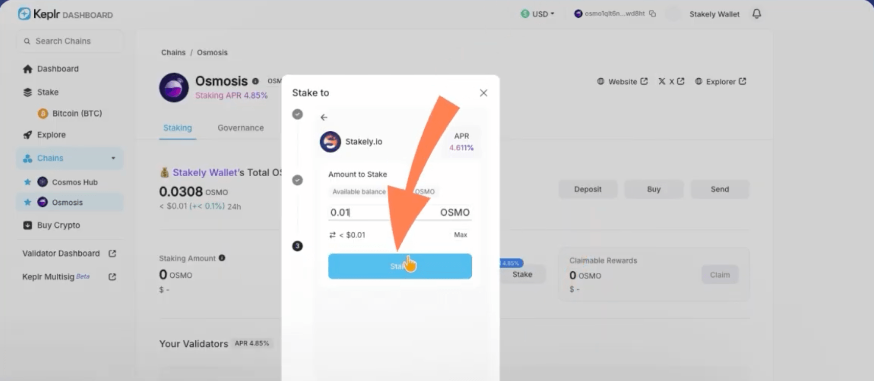 Step 3 of the Osmosis tutorial for staking  using Keplr