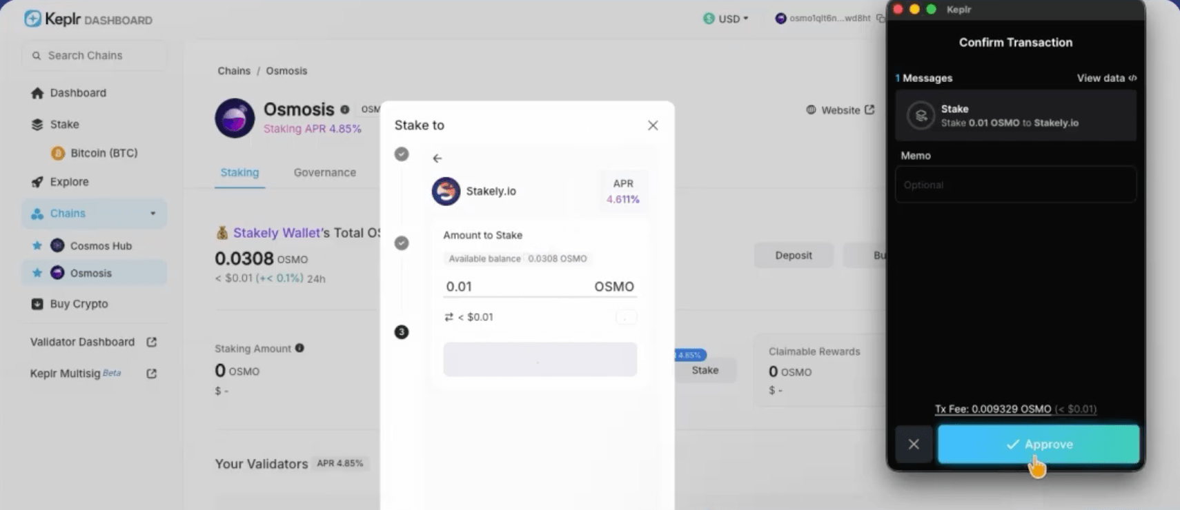 Step 4 of the Osmosis tutorial for staking  using Keplr